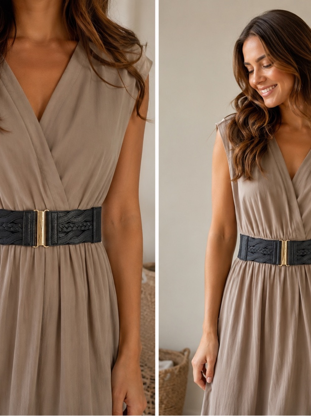 Two Elastic Braided Waist Belt - Black and Beige color